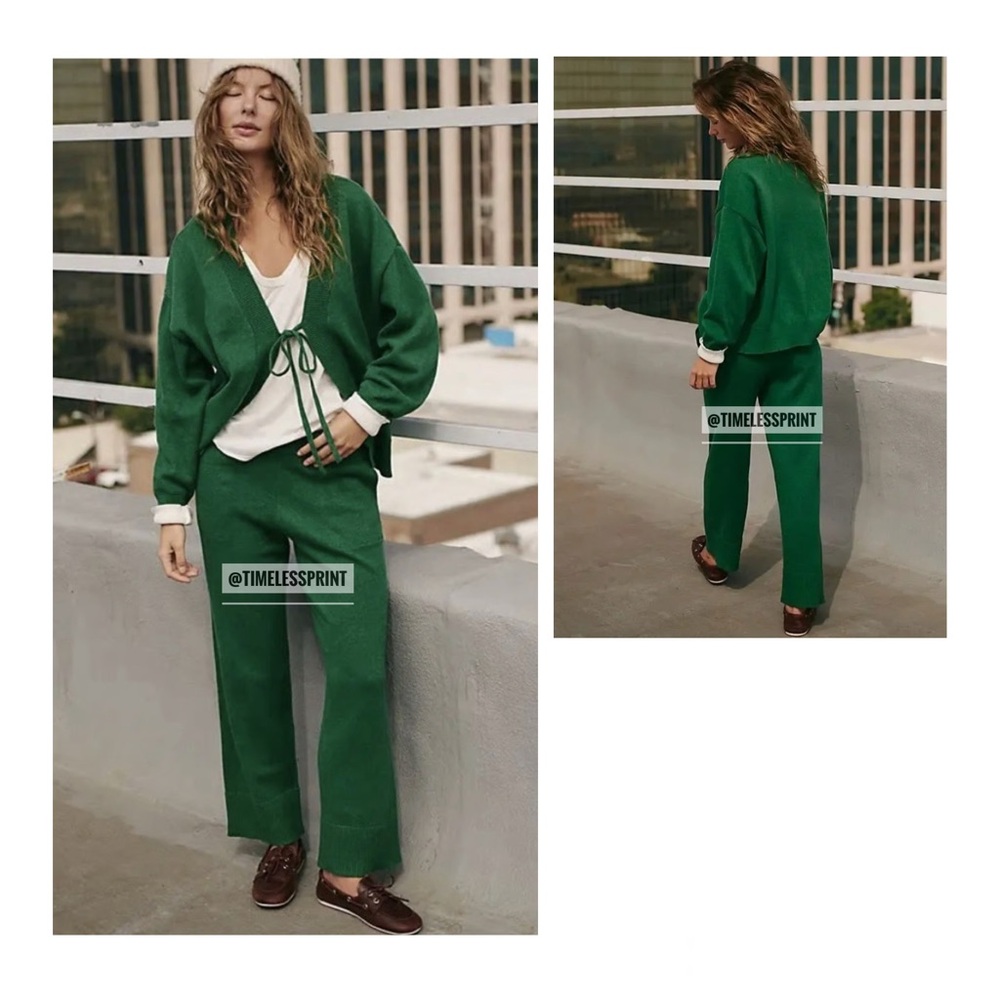 Free People Green Solar Knit Cardigan/pants Set